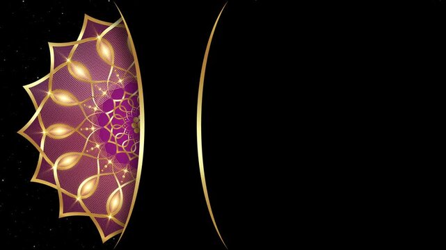 Animation of Luxury mandala background with gold frame in arabesque pattern Arabic style. Motion Graphics Video Mandala Rotating, golden particles elegant black Background and copy space for you text