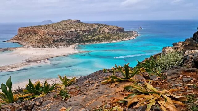 Gramvousa Crete Greece Handheld 4K. Video from behind black rocks of famous pirate island and Balos lagoon. Scenic Mediterranean sea coast landscape overview on sunny summer day. Travel destination