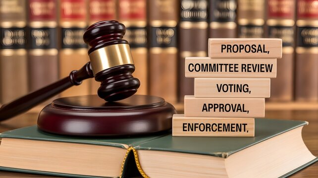 A gavel and law books on a desk representing legal proceedings and decision making