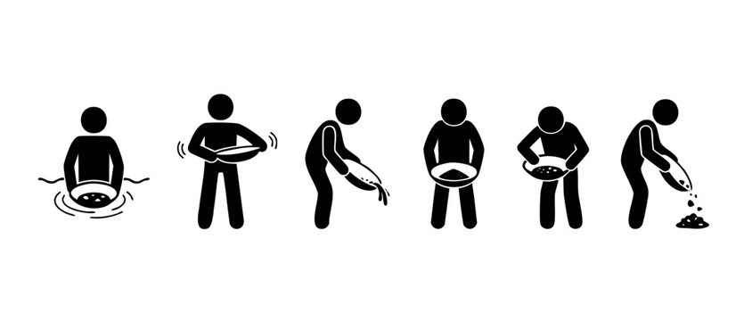 Gold Panning Process Icon Set, Prospecting Miner Steps with Sieve Basin, Panning for Gold in River, Extraction Procedure, Treasure Hunting Guide, Sequential Stick Figure Illustration for Mining Instru