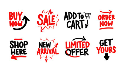 Obraz premium Set of eight red hand drawn promotional marketing labels on black