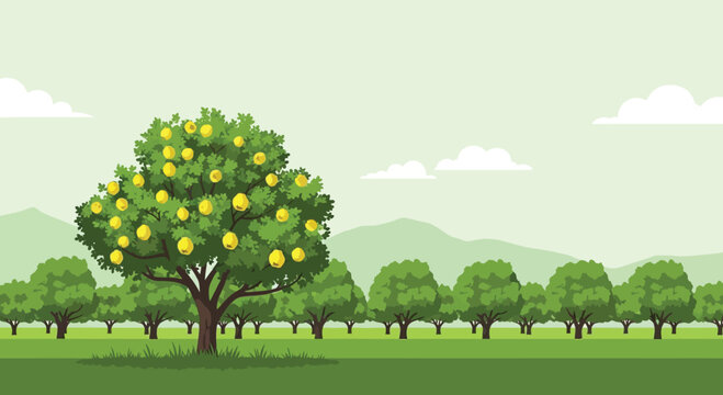 Fresh yellow lemon tree growing in a sunny green fruit orchard