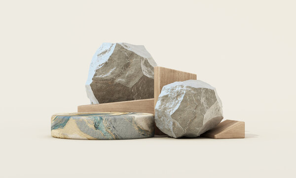 Minimal stone podium display with natural rocks marble platform and wooden blocks on beige background for luxury product presentation mockup. 3d rendering.