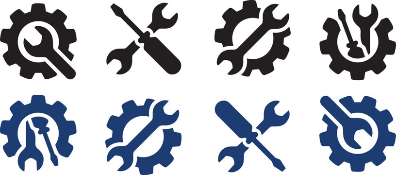 Collection of black and blue tool icons gears wrenches and screwdrivers