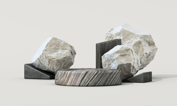 Abstract stone podium scene with natural rocks marble platform and dark geometric blocks on neutral background for premium product display mockup. 3d rendering.