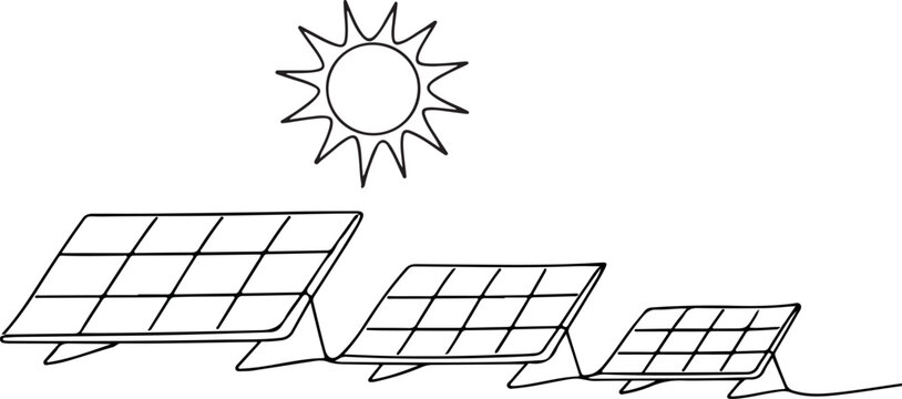 Solar power photovoltaic system line drawing vector illustration for clean energy rooftop panels and sustainable electricity concept