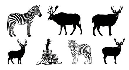 Collection of diverse animal silhouettes and outlines. © Cirayut