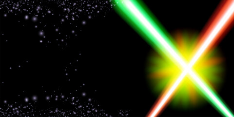 Naklejka premium May The 4th Be With You with neon glowing lighting green and red laser sword. Star war day poster design template. vector illustration