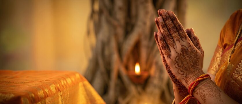 Vat Savitri Mehndi Hands &mdash; Prayer Gesture Ritual Thread