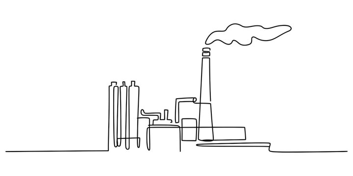 Industrial factory building with smoke stack drawn in a continuous single black line art style representing modern manufacturing and production Vector, illustration