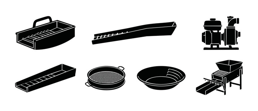 Gold Mining Equipment Icons Set, Sluice Box and Panning Tools Vector. Industrial prospecting gear, mineral extraction machinery, metal detector accessories, treasure hunting silhouettes for graphic de