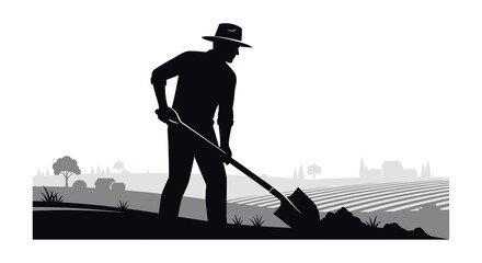 farmer working with shovel in rural landscape silhouette high quality professional detailed modern elegant stylish clean crisp vibrant colorful digital creative © CreativeAlim02