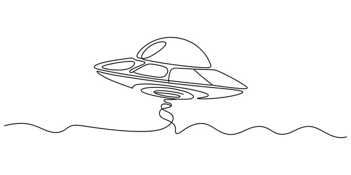 Continuous single line drawing of an alien flying saucer ufo spacecraft floating in the sky for science fiction space exploration concepts Vector, illustration