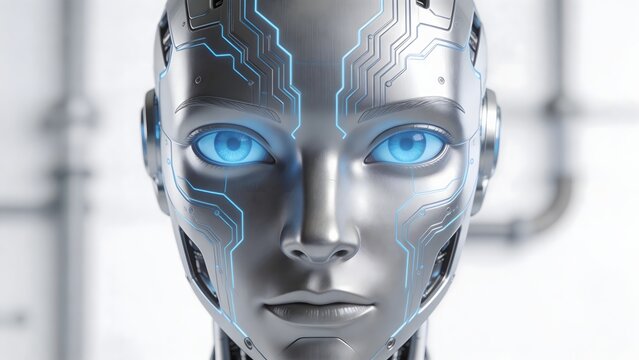 Futuristic robot head with glowing eyes
