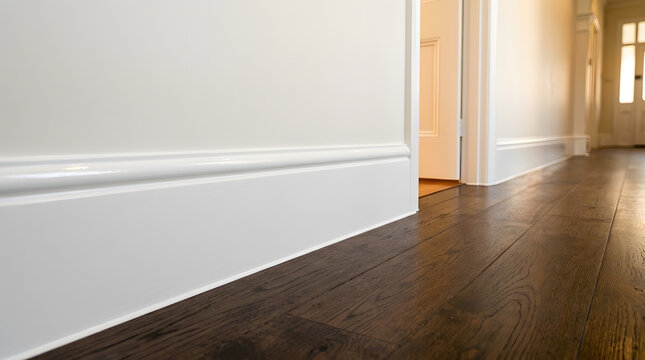 Modern White Skirting Board on Dark Wood Floor | Elegant Interior Design Detail with Classic Baseboard Moulding | High Quality Home Renovation with Polished Hardwood Flooring | Contemporary Style