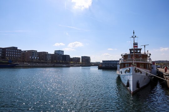 Kiel, Germany - 11. April 2026: Freya ship sailing in Kiel harbor on sunny day