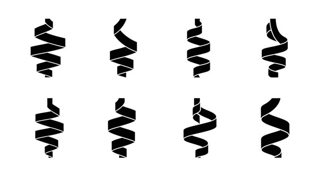 Set of Black Ribbon Curls and Spirals on White Background