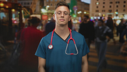 Fototapeta premium Man doctor in blue scrubs with red stethoscope standing on busy street looking at camera; calm duty.