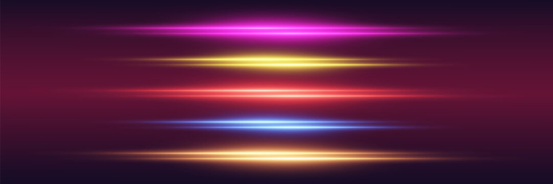 Colorful horizontal light streaks with glowing neon motion trails on dark gradient background.