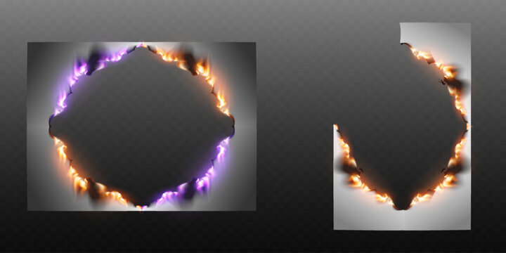 Set of torn burning holes with glowing purple and orange fire edges and realistic charred paper effect on transparent background.