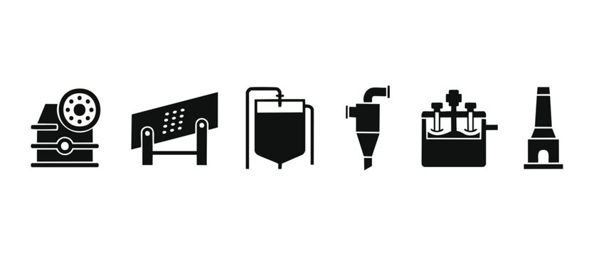 Industrial Processing Equipment Icons Set, Manufacturing Factory Machinery Symbols for Chemical Refining, Mining, and Heavy Production Systems, Black Flat Vector Graphics for Technical Diagrams and Bl