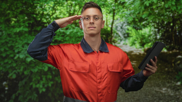 Man mechanic in orange coverall salutes with hand while holding tablet on forest path; duty focus resilience.