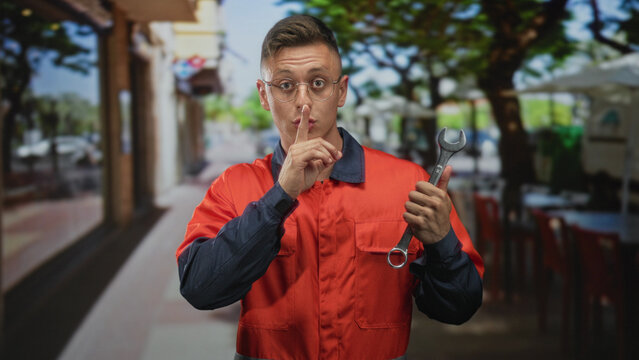 Man in orange coverall holds wrench and makes finger to lips shushing gesture on a street cafe sidewalk; silence secrecy.