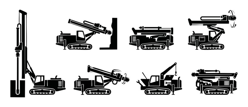 Drilling Rig Machine Icon Set, Industrial Construction Equipment Vector Graphics for Mining and Foundation Engineering Projects, Heavy Machinery Silhouette Symbols Isolated on White Background for Blu