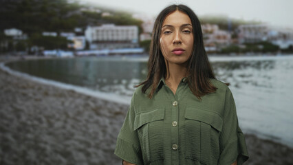 Obraz premium Young hispanic woman face looking to sea on beach in khaki green shirt, profile pose with chin slightly raised and steady gaze to horizon; quiet confidence.