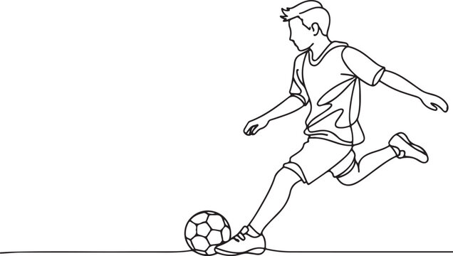 Boy Playing Soccer Line Drawing Vector Illustration for Football Game Training and Active Kids Sports Concept