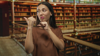 Woman showing thumb gestures toward herself with visible hands in library among bookshelves and wooden railing  self confidence. © Krakenimages.com
