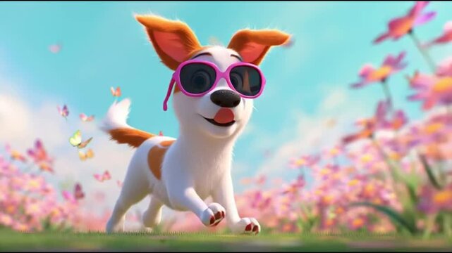 Happy dog eyewear cheerful dog character running in park bright daylight. 4K Video
