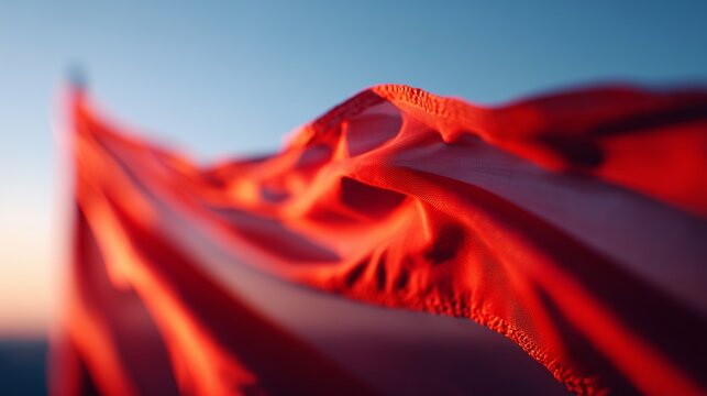Close-up of a red flag gently waving, captured against a clear dusk sky, evoking movement and freedom.