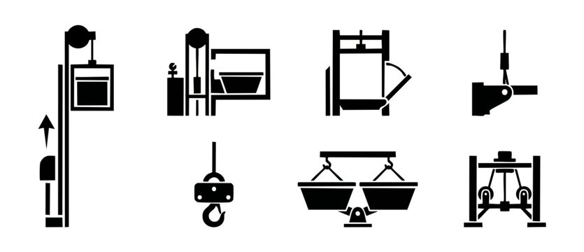 Industrial Crane Equipment Icons Set, Heavy Machinery Lifting Vectors for Construction and Manufacturing Operations, Mechanical Pulley Systems, Hoisting Gear, Engineering Hardware Symbols Collection