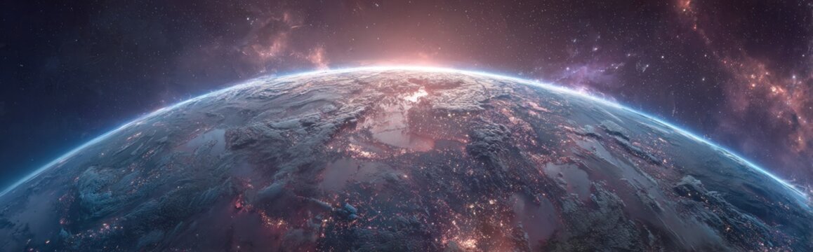 Cosmic view of a planet with atmosphere and surrounding nebulas outer space