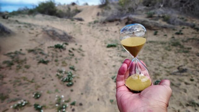 Male hand holding a transparent hourglass with sand flowing through it, symbolizing the urgency of climate change and desertification as time is running out to save the planet