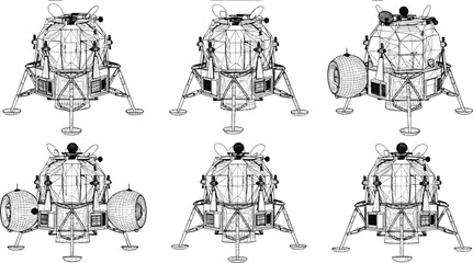Lunar Module Spacecraft Wireframe Illustration Set with Multiple View Angles Apollo Moon Landing Vehicle Technical Vector Collection © Bappi