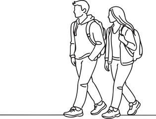 Obraz premium Line drawing of male and female college students with backpacks campus education friendship learning concept