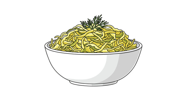 Simple white bowl brimming with a fresh green bean salad or pasta dish, delicately garnished with aromatic dill, offering a light and healthy meal.