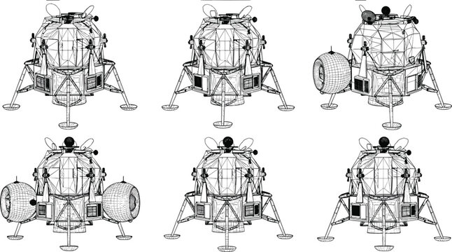 Lunar Module Spacecraft Wireframe Illustration Set with Multiple View Angles Apollo Moon Landing Vehicle Technical Vector Collection