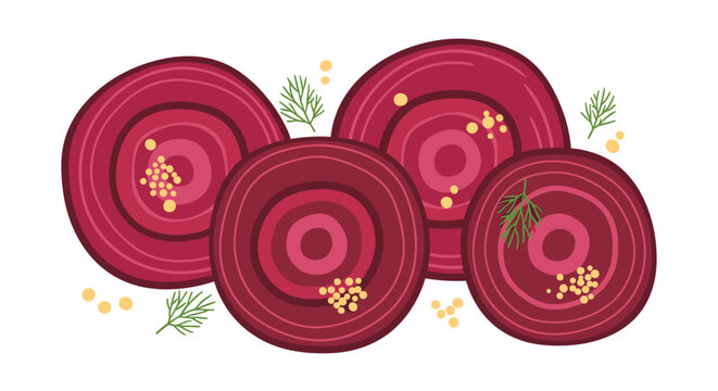Vibrant slices of pickled beets are beautifully arranged, garnished with fresh dill and scattered mustard seeds, offering a tangy and colorful side dish.