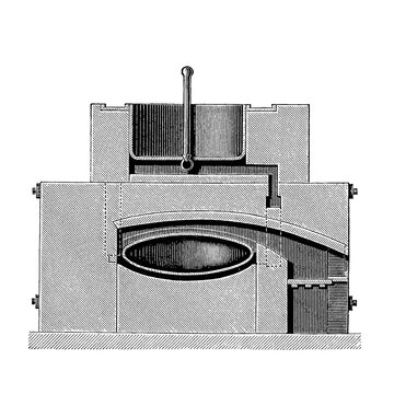 Sulfur Refining Apparatus, longitudinal section showing levers and compartments, vintage industrial engraving, old vintage illustration, 1897.