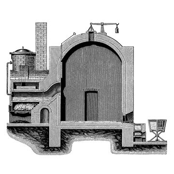 Sulfur Refining Apparatus, Cross-Section, Vintage Industrial Furnace with Combustion Chamber and Chimney, Old Vintage Illustration, 1897.
