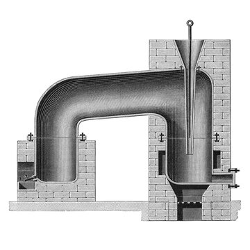 Sulfur Refining Apparatus, longitudinal section of a historic industrial furnace with detailed brickwork and chimney system, old vintage illustration, 1897.