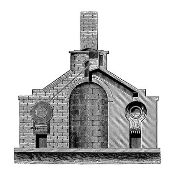 Sulfur refining apparatus, cross-section with combustion chamber, chimney, and brick flues, old vintage illustration, 1897.