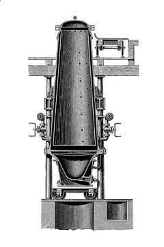 Sulfur melting apparatus, cross-section of an industrial retort furnace for sulfur melting, vintage engineering engraving, old vintage illustration, 1897.