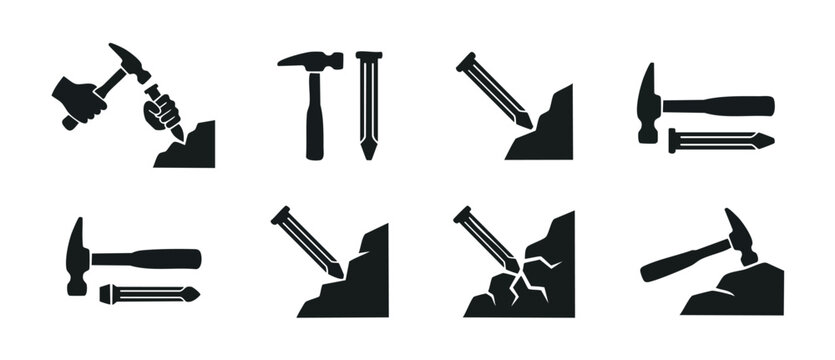 Hammer and Chisel Icon Set Construction Tools Vector Graphics for Masonry and Demolition Work, Flat Silhouette Symbols for Renovation Projects, Repair Equipment Manual Labor Toolset for DIY Building.