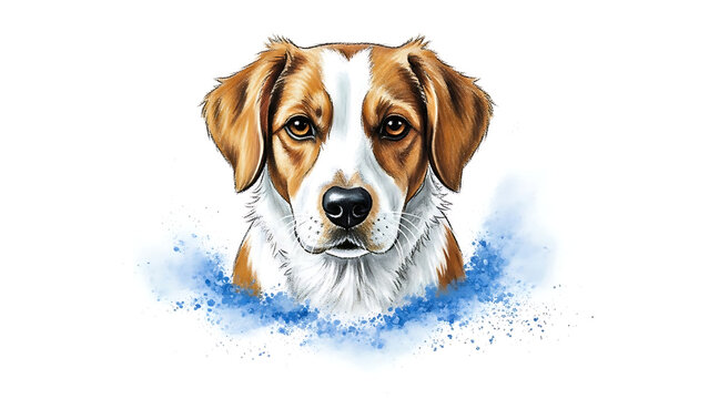 Watercolor dog head, brown and white canine portrait, artistic pet illustration, blue splash background