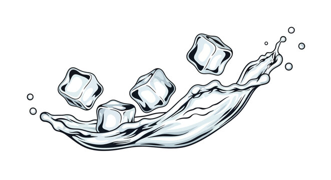 ice cubes splashing into water illustration high quality