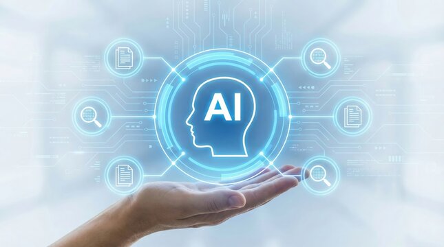 Hand holding holographic AI icon connected to document and search symbols. Concept for artificial intelligence information retrieval, enterprise data processing, and business solutions.